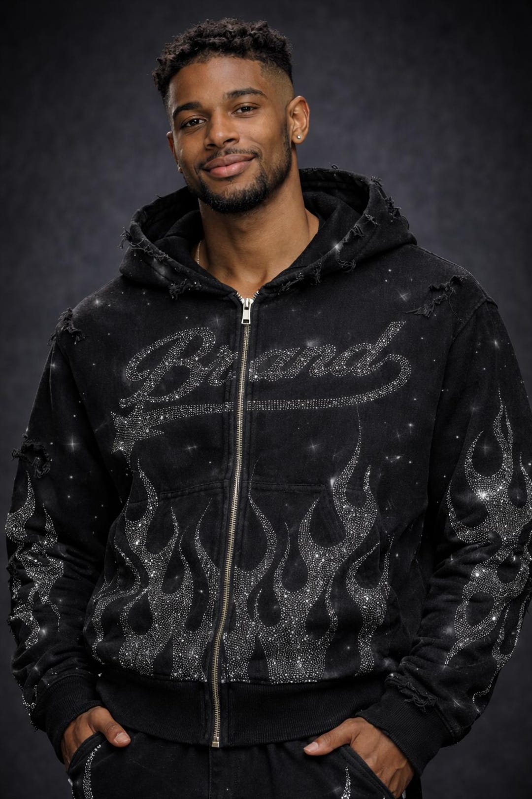 Harstone Rapper Jacket Black Rhinestone Zip Hoodie for Men, Crystal Flame Streetwear, Y2K Hip ...