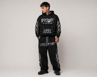 Black Hoodie Sweatpants Set Mens Graphic Tracksuit Streetwear Outfit Matching Set