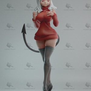 May include: A detailed figurine of a female anime-style character. She wears a red sweater dress, grey thigh-high stockings, and black heels. The figure has white hair, horns, and a tail. The base is a light grey circular platform.