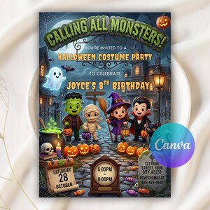 Uitnodiging voor een Halloween-kostuumfeest, uitnodiging voor een Halloweenfeest met het thema "Alle monsters oproep", uitnodiging voor een "trick or treat"-feestje voor kinderen, bewerkbare Canva-sjabloon