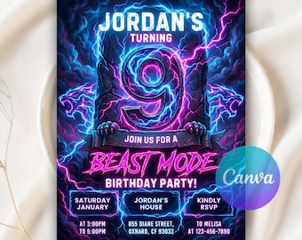 Beast Geburtstagseinladung, Epic Gaming 9. Geburtstagseinladung, Neon Beast Panther einladen, Videospiel Party einladen, bearbeitbare Canva Vorlage