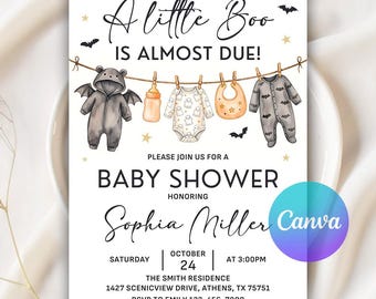 Invitación para baby shower con temática de fantasmas "Un pequeño fantasma está a punto de nacer", invitación para baby shower de Halloween, tendedero de ropa con temática de fantasmas, plantilla editable de Canva.