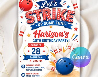 Invitación para fiesta de cumpleaños con temática de bolos, invitación para fiesta de bolos, invitación imprimible para cumpleaños de niño con temática de bolos, descarga digital, plantilla editable de Canva.