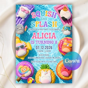 May include: A colorful pool party invitation with the text "Squish and Splash" and "Alicia is turning 8". The design features cartoon characters on pool floats, a beach ball, and a pineapple with a unicorn horn.