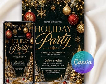 Invitación para fiesta navideña en negro y oro, elegante invitación para fiesta de Navidad, invitación digital para fiestas navideñas para adultos, plantilla editable de Canva.