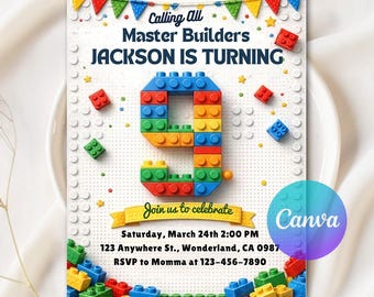 Invitación de bloques de construcción para el 9.º cumpleaños, fiesta de cumpleaños con temática de bloques, invitación de ladrillos, cumpleaños con temática de bloques de construcción, plantilla editable de Canva.