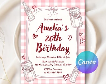 Invitación de cumpleaños de Dr Pepper, refresco personalizado, plantilla editable de Canva (descarga digital, 5 x 7 pulgadas)