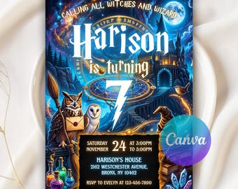 Invitación de cumpleaños de magos y brujas, invitación de magos, cumpleaños de magos en un castillo de la escuela mágica, descarga digital, plantilla editable de Canva.