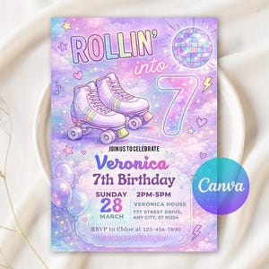 May include: A pastel birthday invitation featuring roller skates, a disco ball, and the text "ROLLIN' into 7". The invitation provides details for Veronica's 7th birthday, with a Canva logo.