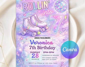 Invitación de cumpleaños "Rolling Into 7", invitación para fiesta de patinaje (descarga digital, plantilla editable de Canva)