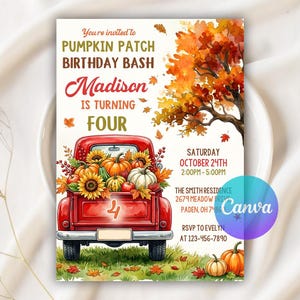 Einladung zum Kürbisgeburtstag im Herbst, Einladung zur Kürbisernte-Geburtstagsfeier, Herbstfest-Party, DIY-Druckvorlage, bearbeitbare Canva-Vorlage
