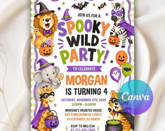Invitación de cumpleaños con animales para fiesta de Halloween, fiesta de cumpleaños espeluznante con animales de safari, invitación de cumpleaños colorida para cualquier edad, plantilla editable de Canva