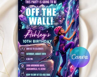 Invitación de cumpleaños de escalada en roca para niñas, fiesta de aventuras para niños: ¡Escalemos y juguemos!, invitación para fiesta de escalada en interiores, plantilla editable de Canva.