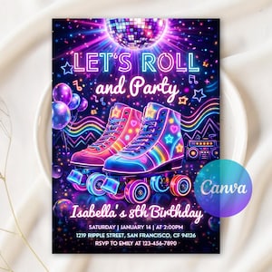 May include: A vibrant party invitation with a disco theme. The design features colorful roller skates, a disco ball, and the text "Let's Roll and Party." The invitation is for Isabella's 8th birthday, with date, time, and location details.