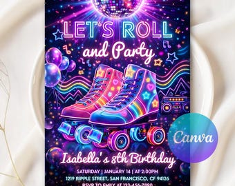 Roller Skating Birthday Invitation, Retro Neon Lights, Glow Roller Skating Party, Neon Party Invite, Roller Skating, Editable Canva Template