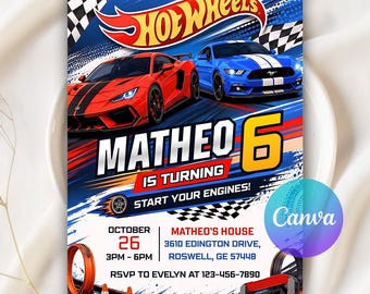Invitación de cumpleaños con temática de autos de carreras, fiesta de autos de carreras, invitación de autos deportivos de carreras, invitación para niños, cumpleaños de autos, plantilla editable de Canva
