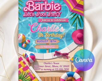 Pink Doll birthday invitation, Pool Party Invitation, Pink Fashion Doll Theme, Girls Pool Party, Digital Download, Editable Canva Template