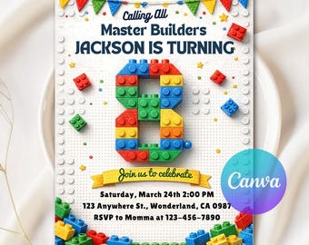 Invitación de bloques de construcción para el 8.º cumpleaños, fiesta de cumpleaños con temática de bloques, invitación de ladrillos, cumpleaños con temática de bloques de construcción, plantilla editable de Canva.