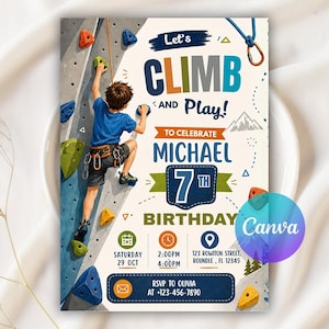 Może przedstawiać: Zaproszenie urodzinowe z ilustracją dziecka wspinającego się na ściankę z kolorowymi chwytami. Tekst brzmi Let's CLIMB AND Play! TO CELEBRATE MICHAEL 7TH BIRTHDAY, wraz ze szczegółami wydarzenia, takimi jak data, godzina oraz informacje RSVP.