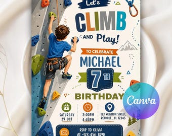 Invitación de cumpleaños con temática de escalada, invitación de cumpleaños "Vamos a escalar y jugar", invitación de cumpleaños para niño con temática de escalada, plantilla editable de Canva.