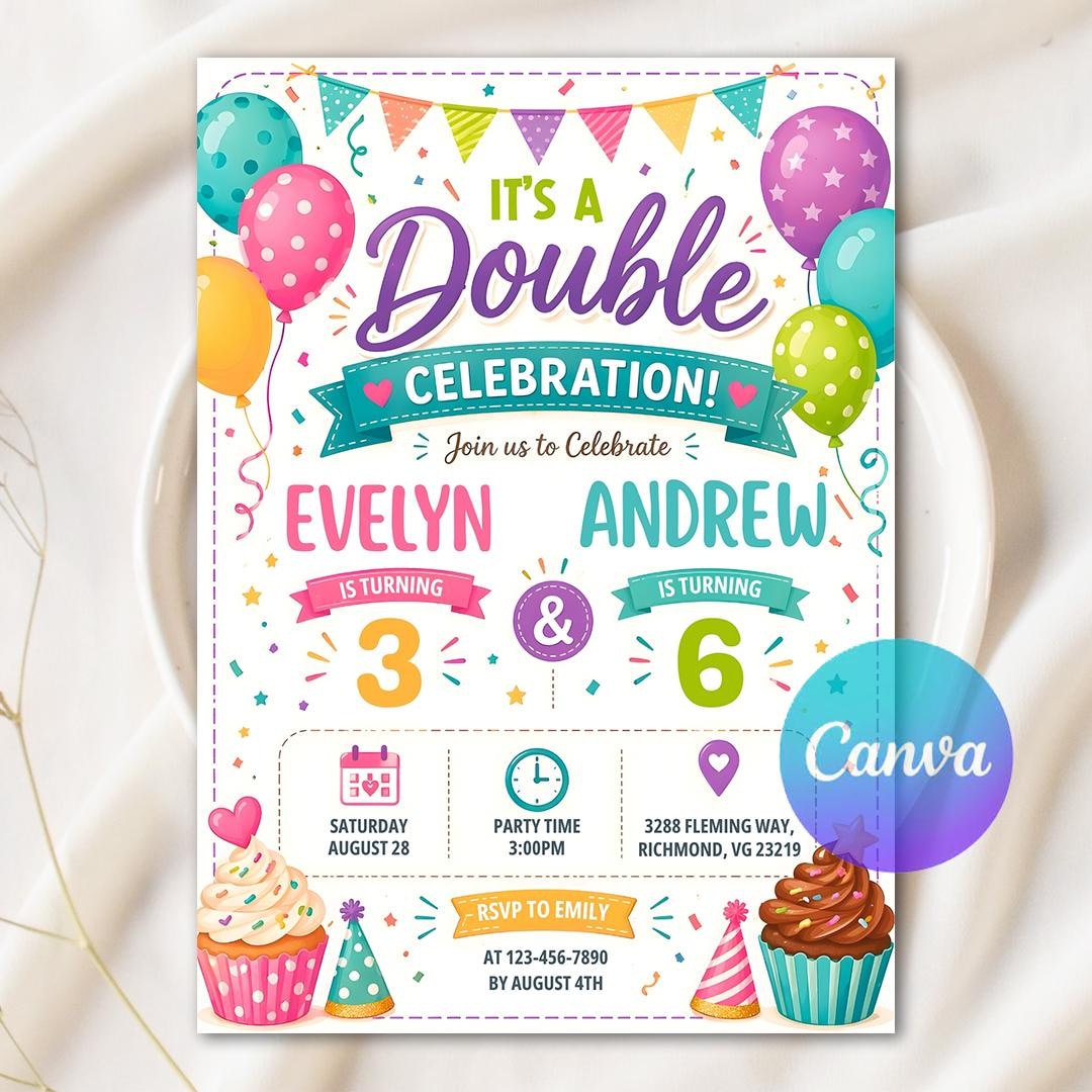 Double Celebration Invitation, Joint Birthday Invitation, Sibling ...