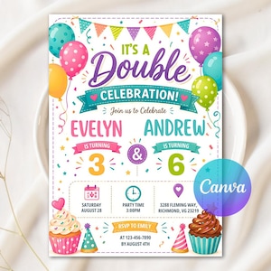Op de afbeelding: Een kleurrijke uitnodiging met de tekst "It's a Double Celebration!" met ballonnen, cupcakes en feesthoedjes. De uitnodiging kondigt een feest aan voor Evelyn en Andrew, die 3 en 6 jaar worden. Inclusief RSVP-informatie.