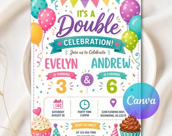 Double Celebration Invitation, Joint Birthday Invitation, Sibling Birthday Party, Printable Double Birthday Invite, Editable Canva Template