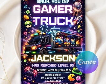 Videospiel-Truck-Geburtstagseinladung, Neon-Gamer-Truck-Party einladen, Gaming-Bus-Geburtstag einladen, Gaming-Truck-Einladung, bearbeitbare Canva-Vorlage
