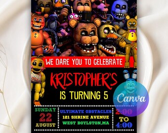 Invitación de cumpleaños de FNAF, Invitación de cumpleaños de Five Nights at Freddy's, Invitación de FNAF, Invitación de cumpleaños para niños imprimible, Plantilla editable de Canva