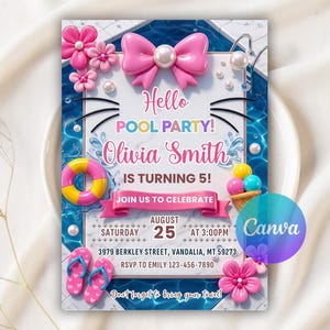 May include: A rectangular pool party invitation card featuring a pink bow, pearl accents, and pink flowers. The text reads: Hello POOL PARTY! Olivia Smith IS TURNING 5! JOIN US TO CELEBRATE AUGUST 25 AT 3:00PM 3979 BERKLEY STREET, VANDALIA, MT 59273 RSVP TO EMILY 123-456-7890.