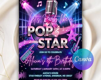 Invitación de cumpleaños de estrella del pop, invitación para fiesta de música de estrella del pop, invitación de karaoke neón brillante, cumpleaños de niña preadolescente cantante, plantilla editable de Canva