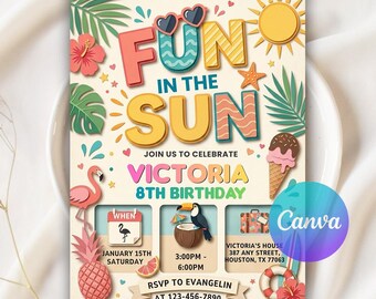 Fun in the Sun Birthday Invitation, Beach Theme Kids Party Invite, Summer Birthday Party Invite, Digital Download, Editable Canva Template