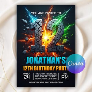 May include: A birthday party invitation with a dark background and a graphic design featuring the number 12 in a stone-like texture. The invitation includes the text "YOU ARE INVITED TO JONATHAN'S 12TH BIRTHDAY PARTY" and event details.
