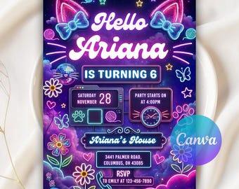 Invitación de cumpleaños de gatito, invitación de gato, invitación de gatito adorable, invitación de fiesta de gato neón brillante, descarga digital, plantilla editable de Canva