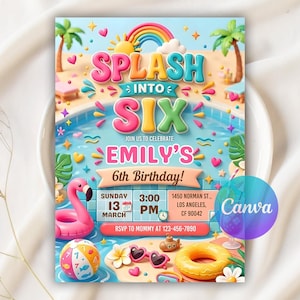 Könnte beinhalten: Eine farbenfrohe Geburtstagseinladung mit dem Text "Splash Into Six" und "Emily's 6th Birthday!". Das Design umfasst einen Pool, einen Flamingo-Schwimmer, einen Strandball und eine Sonnenbrille. Datum und Uhrzeit sind ebenfalls angegeben.