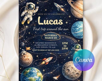 Space Birthday Party Invitation, Galaxy Birthday Invite, Astronaut Outer Space Theme, Rocket Planets Party Invite, Editable Canva Template