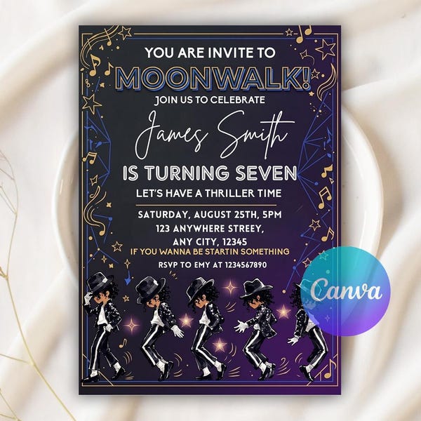 Verjaardagskaart met moonwalk-dans in cartoonstijl, verjaardagskaart geïnspireerd op Michael Jackson, verjaardagskaart met popster-thema, bewerkbare Canva-sjabloon