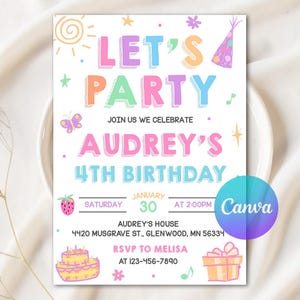 May include: A pastel-colored birthday party invitation with the text "LET'S PARTY" and "AUDREY'S 4TH BIRTHDAY." The invitation includes illustrations of a sun, butterfly, party hat, and cake. The date is January 30th.