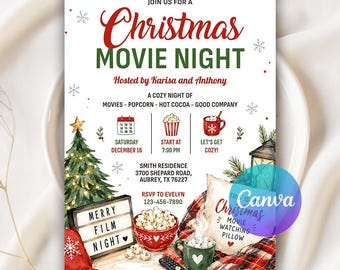 Christmas Movie Night Party Invitation, Family Christmas Movie Night, Christmas Movie Party, Holiday Party Invite, Editable Canva Template