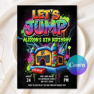 以下が含まれることがあります： 「LET'S JUMP」の文字がグラフィティ風に描かれた、カラフルな誕生日パーティーの招待状。招待状には、子供用遊具のイラストと、アリソンの8歳の誕生日、日付、時間、RSVP情報などが記載されています。