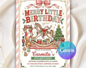 Invitación de cumpleaños navideña para niña, invitación a fiesta temática de jengibre rosa, invitación navideña con lazo, plantilla editable de Canva.