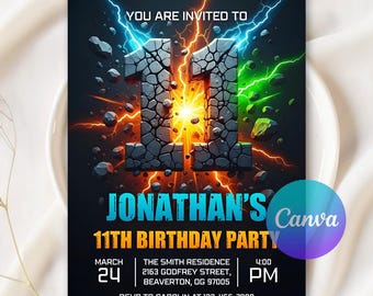 Invitación de cumpleaños número 11, invitación de cumpleaños para niño de dos dígitos, invitación de fiesta Glow, descarga digital, plantilla editable de Canva