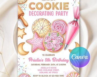Keksdekorations-Partyeinladung, Keks-Backen-Geburtstag einladen, Kinder-Geburtstagsfeier einladen, digitaler Download, bearbeitbare Canva-Vorlage