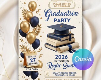 Graduation Party Invitation 2026, Class of 2026 Announcement, Blue Graduation Flyer Party Invite, Digital Download, Editable Canva Template