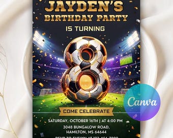 Invitación de fútbol para el octavo cumpleaños, invitación de fútbol neón, invitación deportiva, invitación digital de fútbol, invitación de cumpleaños con temática de zapatillas y pelota, plantilla editable de Canva.