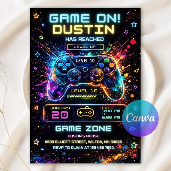 Neon Game On Level Up Gaming Birthday Party Invitation, Video Game Birthday Invitation, Glow Game Party Invite, Editable Canva Template