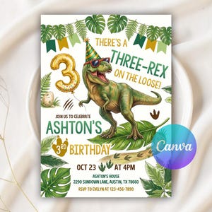 Dinosaur Birthday Invitation, Three Rex Birthday Invite, Digital Boys 3rd Birthday Dino Party, Three-Rex Invitation, Editable Canva Template
