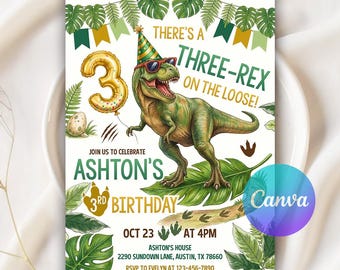 Invitación de cumpleaños de dinosaurios, invitación de cumpleaños de tres T-Rex, fiesta digital de dinosaurios para el tercer cumpleaños de niño, invitación de tres T-Rex, plantilla editable de Canva