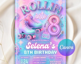 Invitación de cumpleaños "Rolling Into 8", invitación imprimible de cumpleaños para niñas en rosa y morado con temática de patinaje, invitación para fiesta de patinaje sobre ruedas, plantilla editable de Canva.