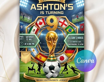 Invitación para fiesta de fútbol del Mundial 2026, invitación de cumpleaños número 9 con temática de fútbol, invitación para ver el partido, fiesta de fútbol FIFA, plantilla editable de Canva.